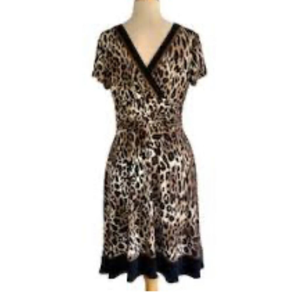Vintage 1990s Leopard Print Flattering Dress by Sandra Darren Black/Brown SZ 16